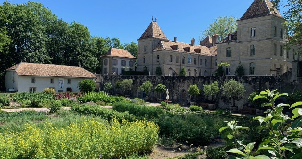 Un jardin carré d’environ 30 mètres de large, avec une allée extérieure et intérieure et des plate-bandes fleuries. Derrière le jardin, surélevé, un bâtiment de pierre de trois étages, avec deux ailes munies de tours. Altentour, arbres et ciel bleu. 